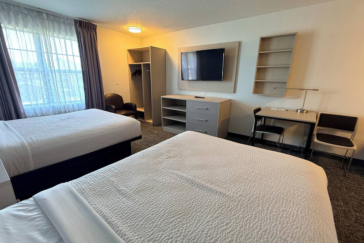 Standard Room, 2 Double Beds, Non Smoking | Desk, laptop workspace, soundproofing, iron/ironing board
