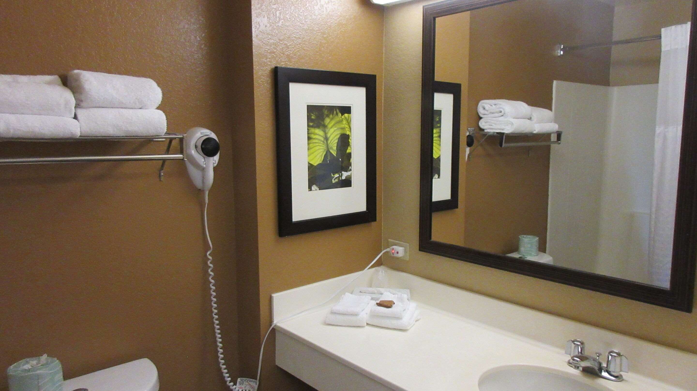 A hotel bathroom with a white sink, a large mirror, a towel rack with folded towels, a framed picture on the wall, and a hairdryer on a stand.