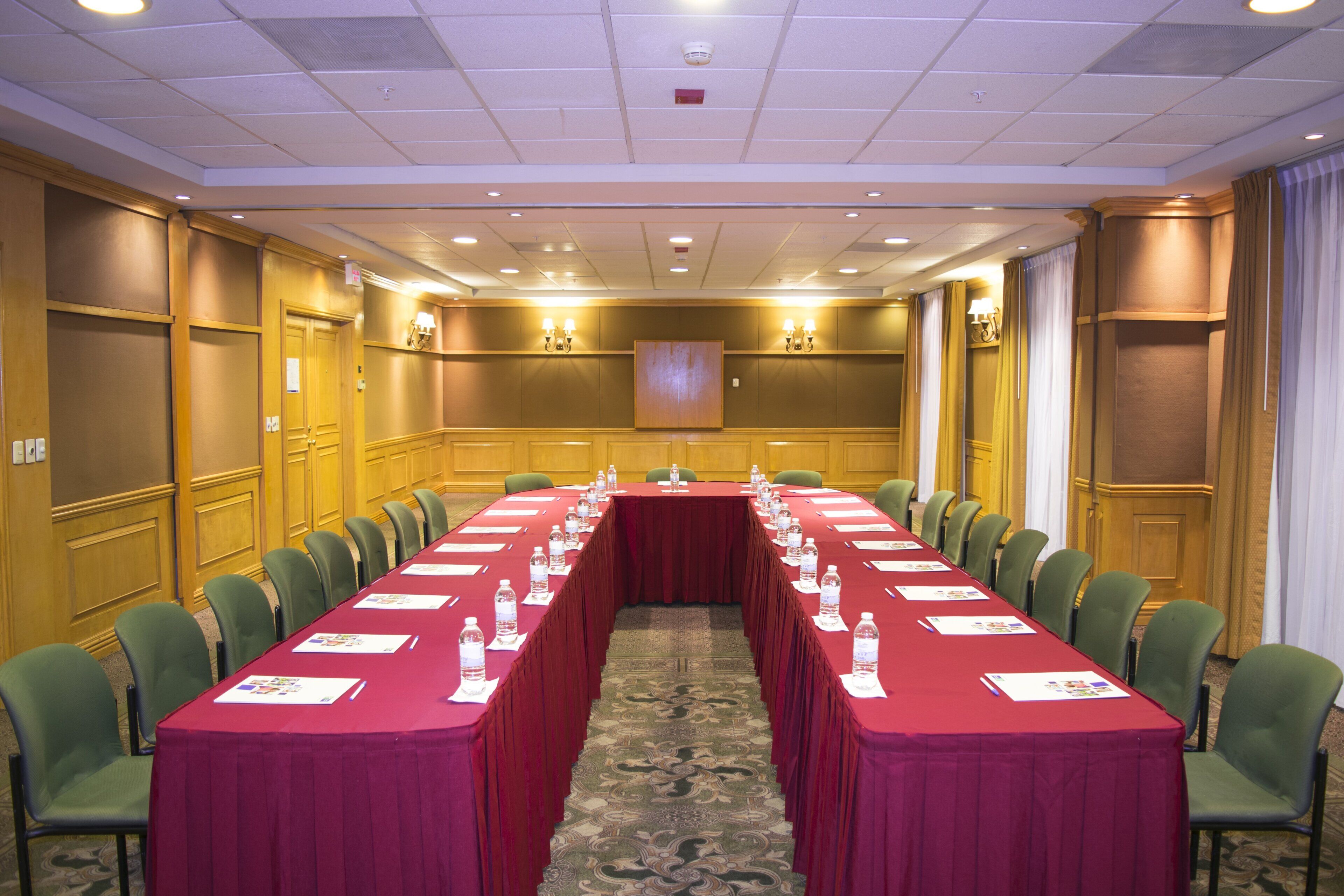 Una sala de conferencias con una larga mesa, sillas y suelo alfombrado.