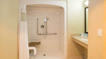 Baño con ducha a nivel, lavamanos y espejo.