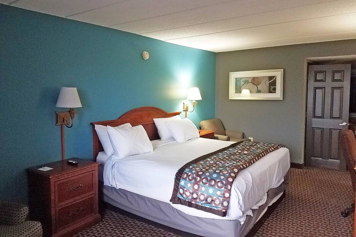 A hotel room with a bed, a nightstand, a lamp, a chair, and a door.