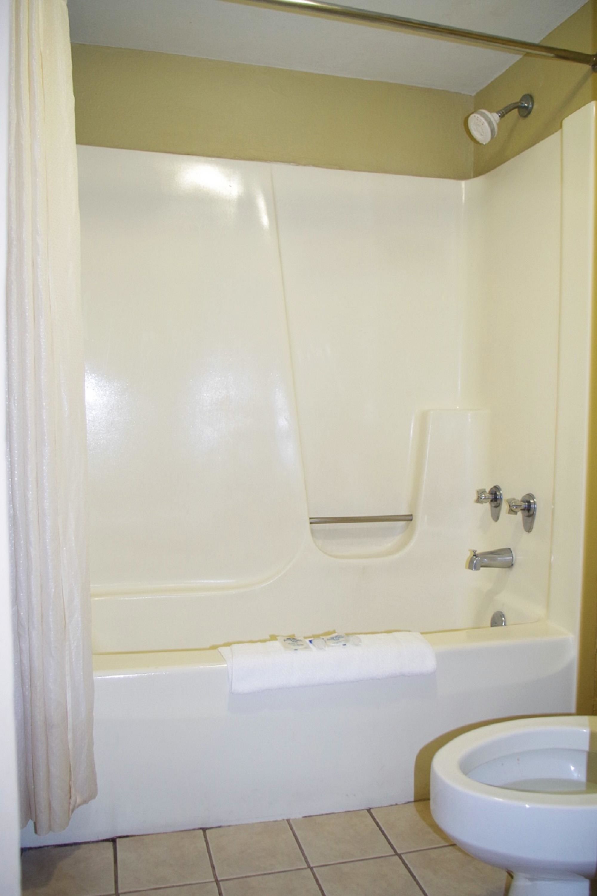 A bathroom with a bathtub, a toilet, and a showerhead.