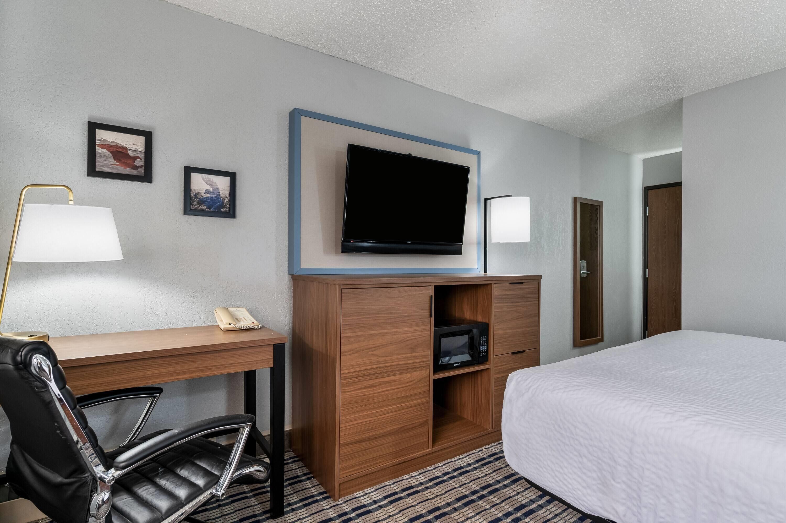 A hotel room with a bed, desk, chair, TV, and a microwave.