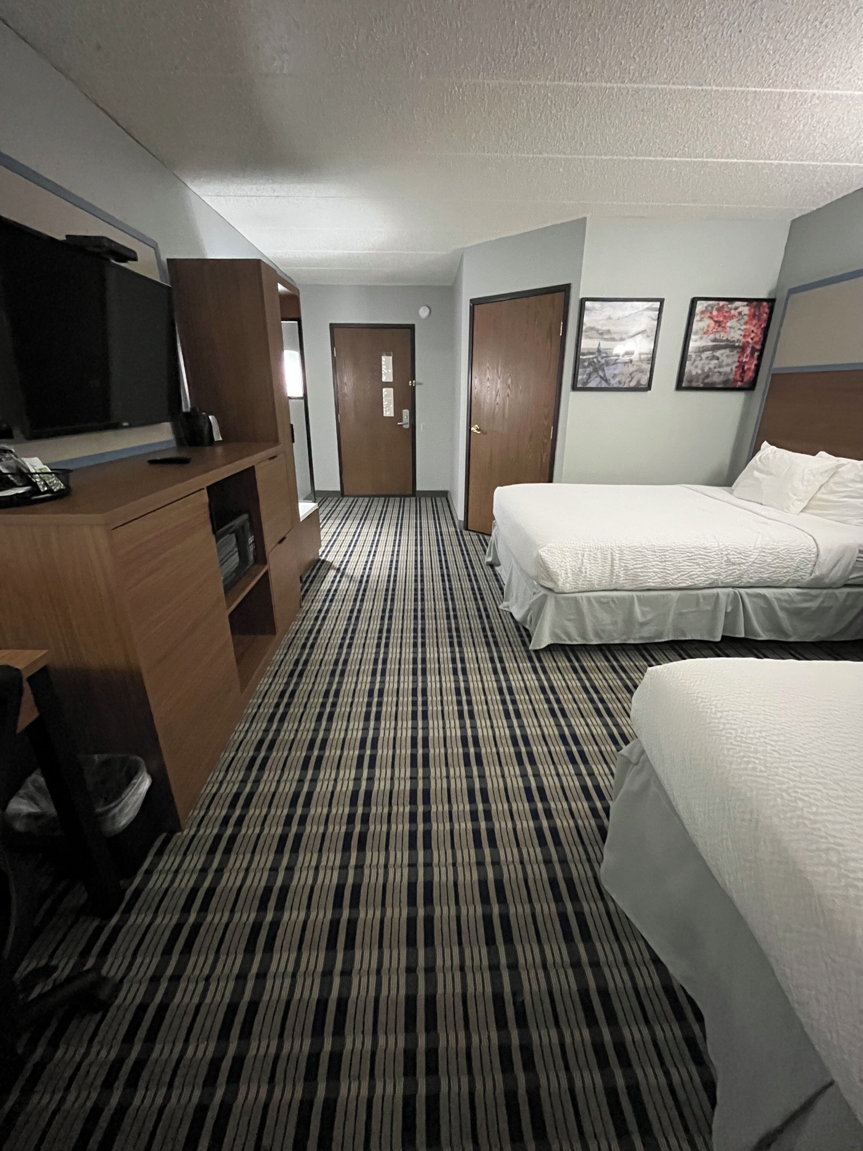 A hotel room with a bed, a desk with a TV, a door, and a carpeted floor.