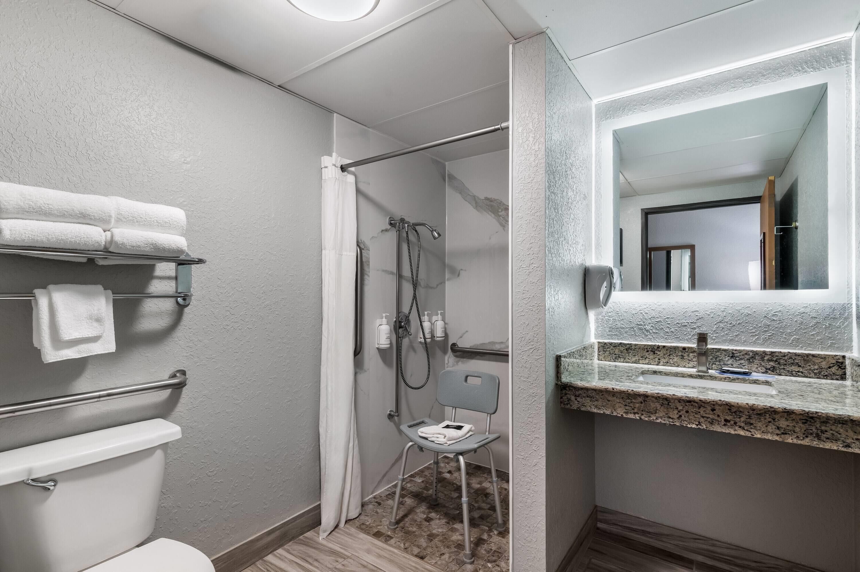 A bathroom with a shower, toilet, towel rack, and a sink with a mirror.