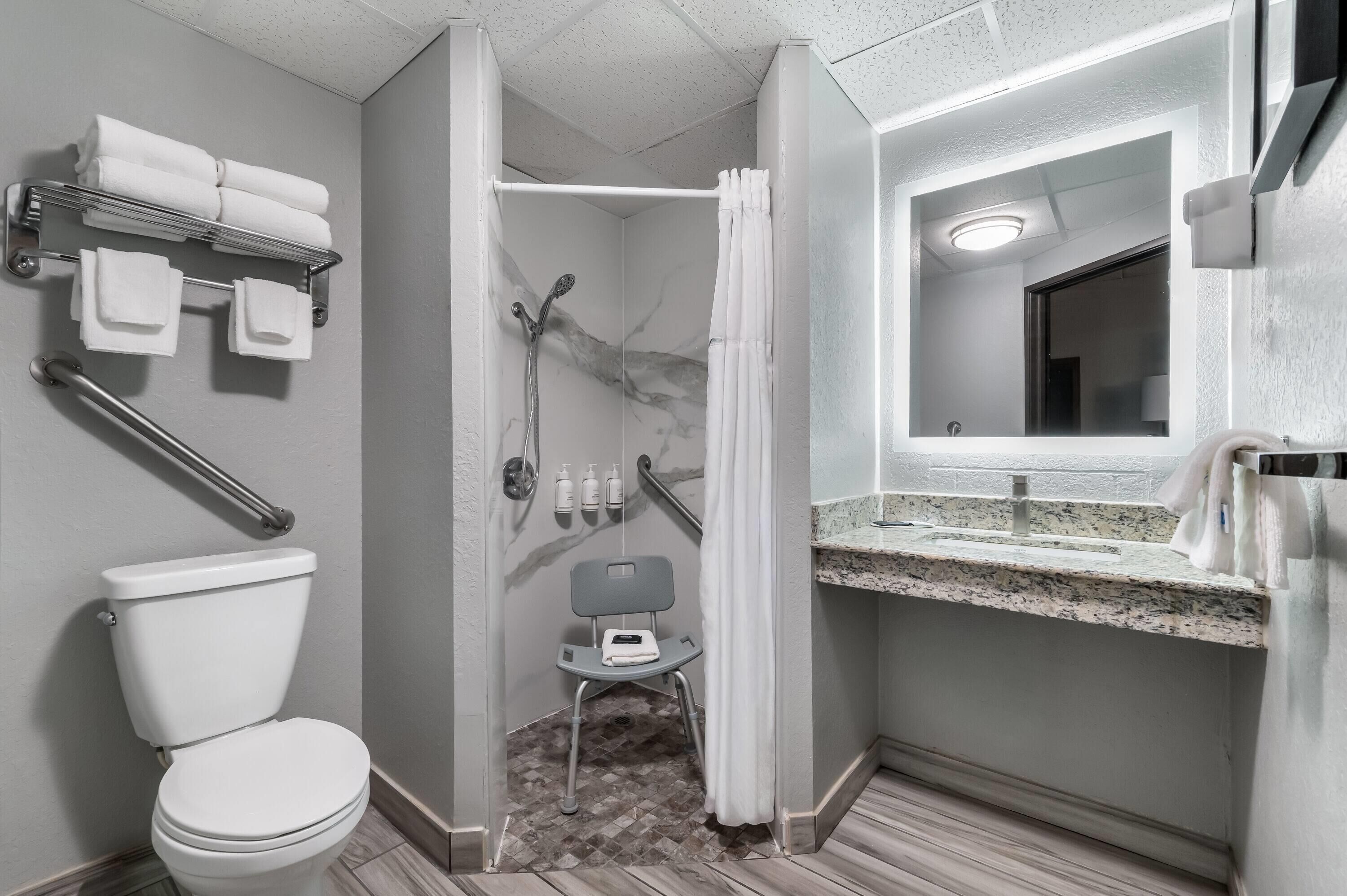 Une salle de bain comprenant des toilettes, une douche et un meuble-lavabo avec un miroir.