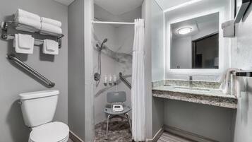 Une salle de bain comprenant des toilettes, une douche et un meuble-lavabo avec un miroir.