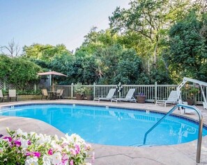 Outdoor pool, pool umbrellas, pool loungers