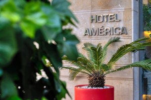 A potted plant in front of a building with a sign that reads "HOTEL AMERICA".