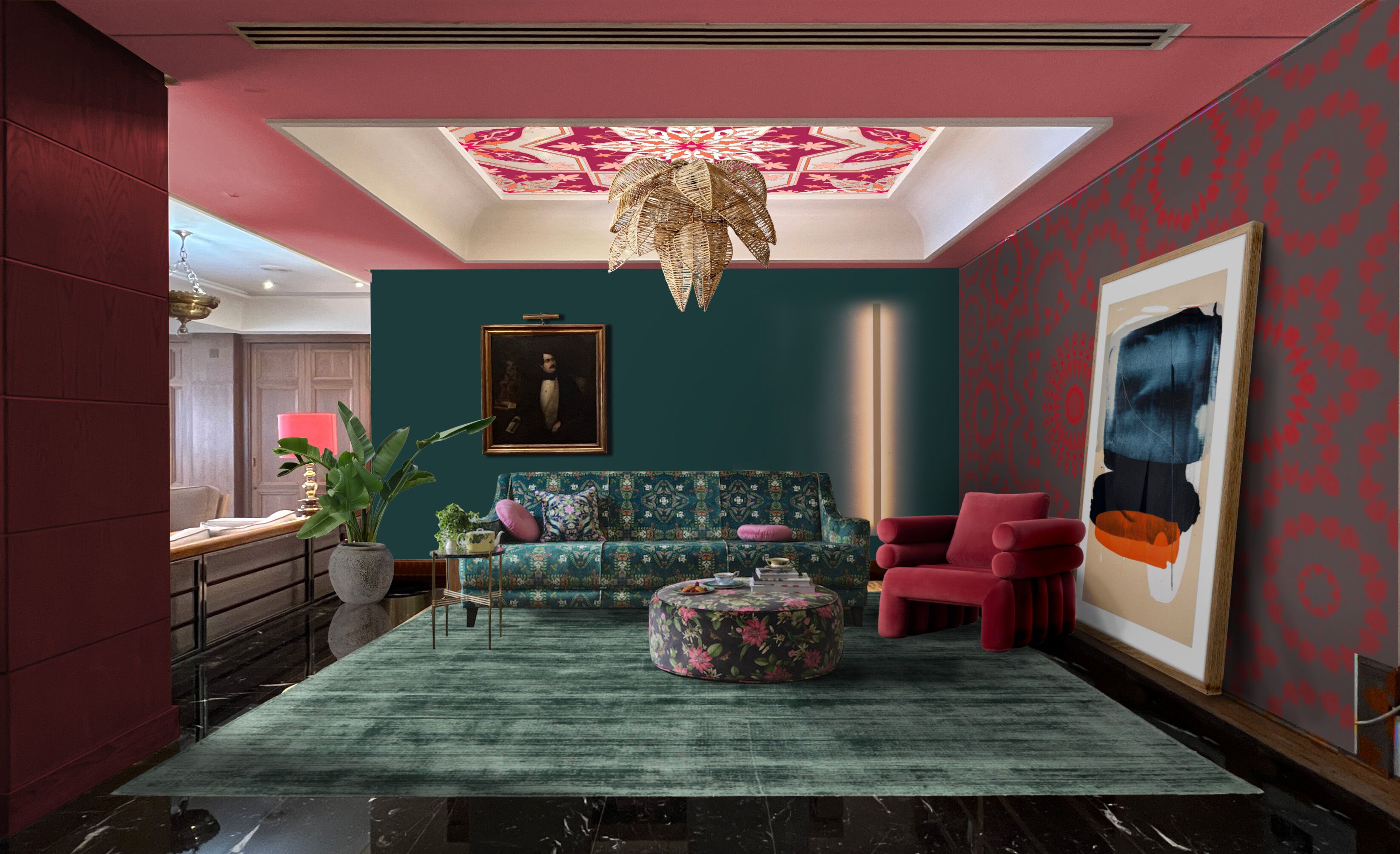 Una sala de estar moderna con un sofá color turquesa, un sillón rojo, una mesa de centro redonda y un cuadro grande en la pared.