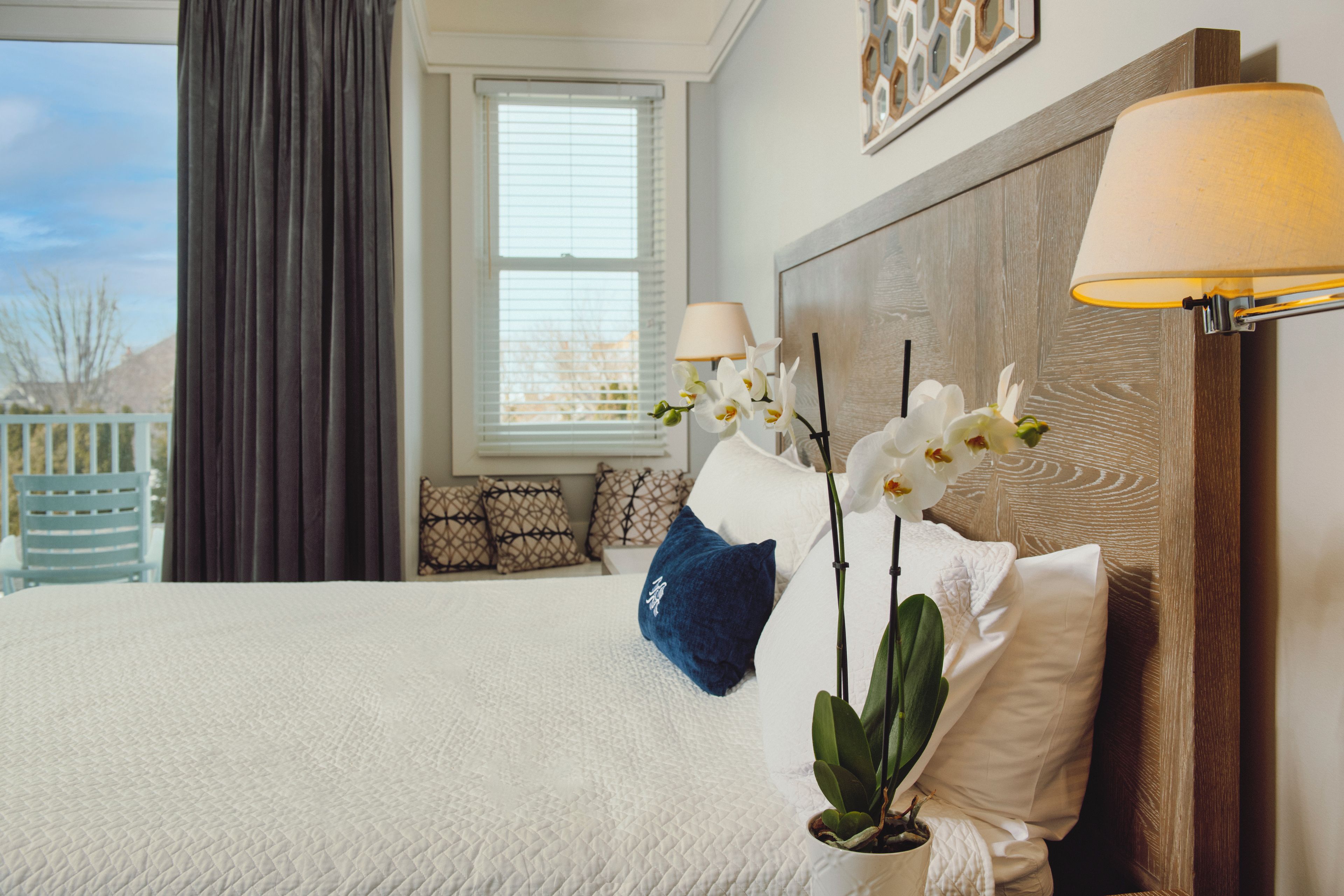 A hotel room with a large bed, a window with blinds, a lamp, and a potted orchid plant.