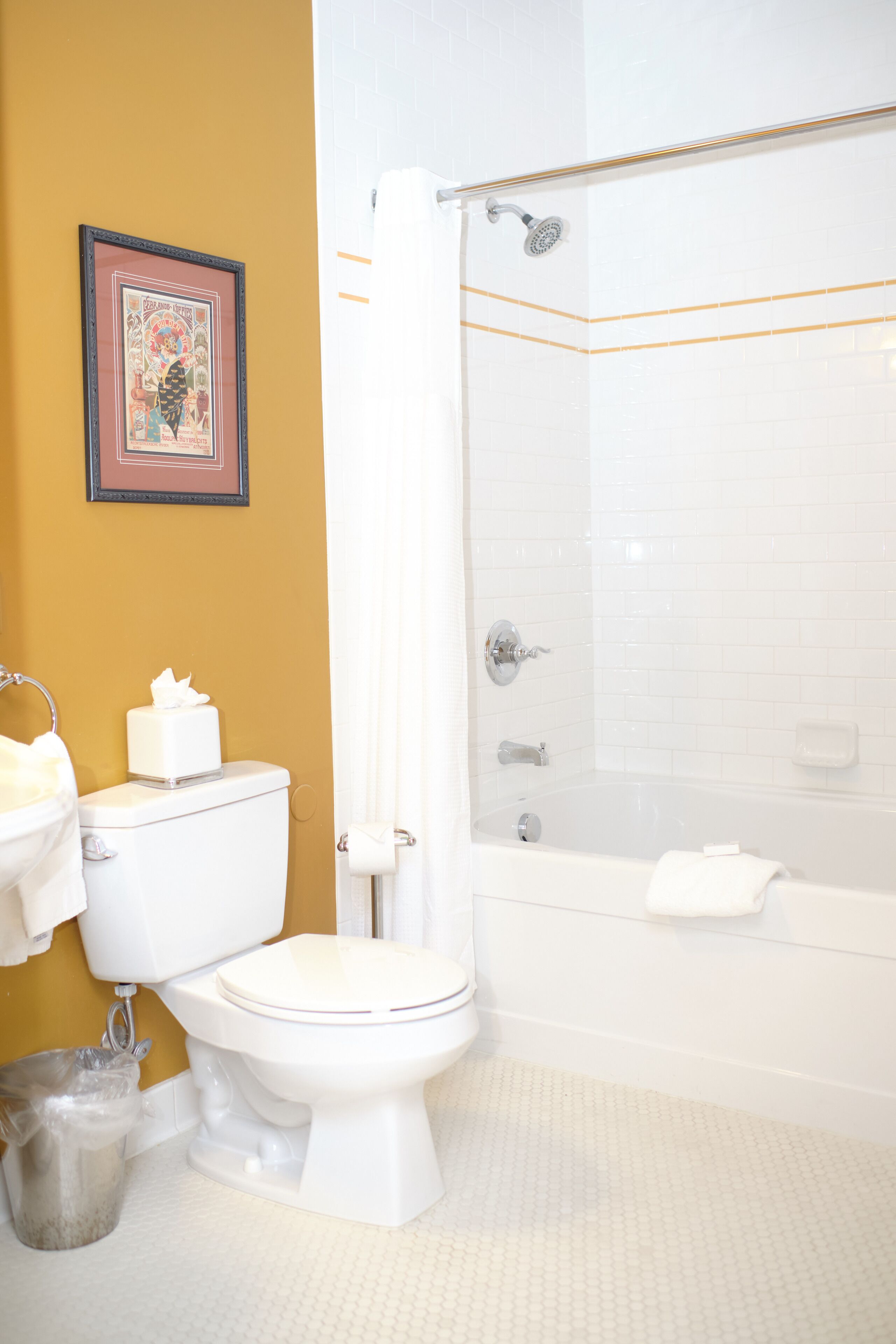 A bathroom with a toilet, a shower, and a framed picture on the wall.