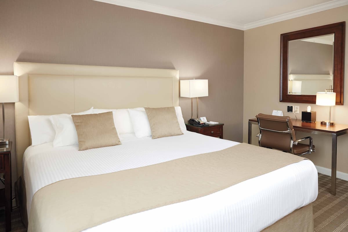 A hotel room with a large bed, a desk, a chair, a desk lamp, and a mirror.