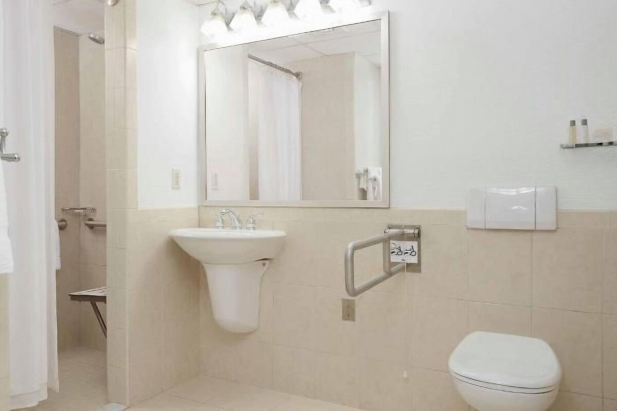 Un baño con lavamanos, espejo, inodoro y toallero.