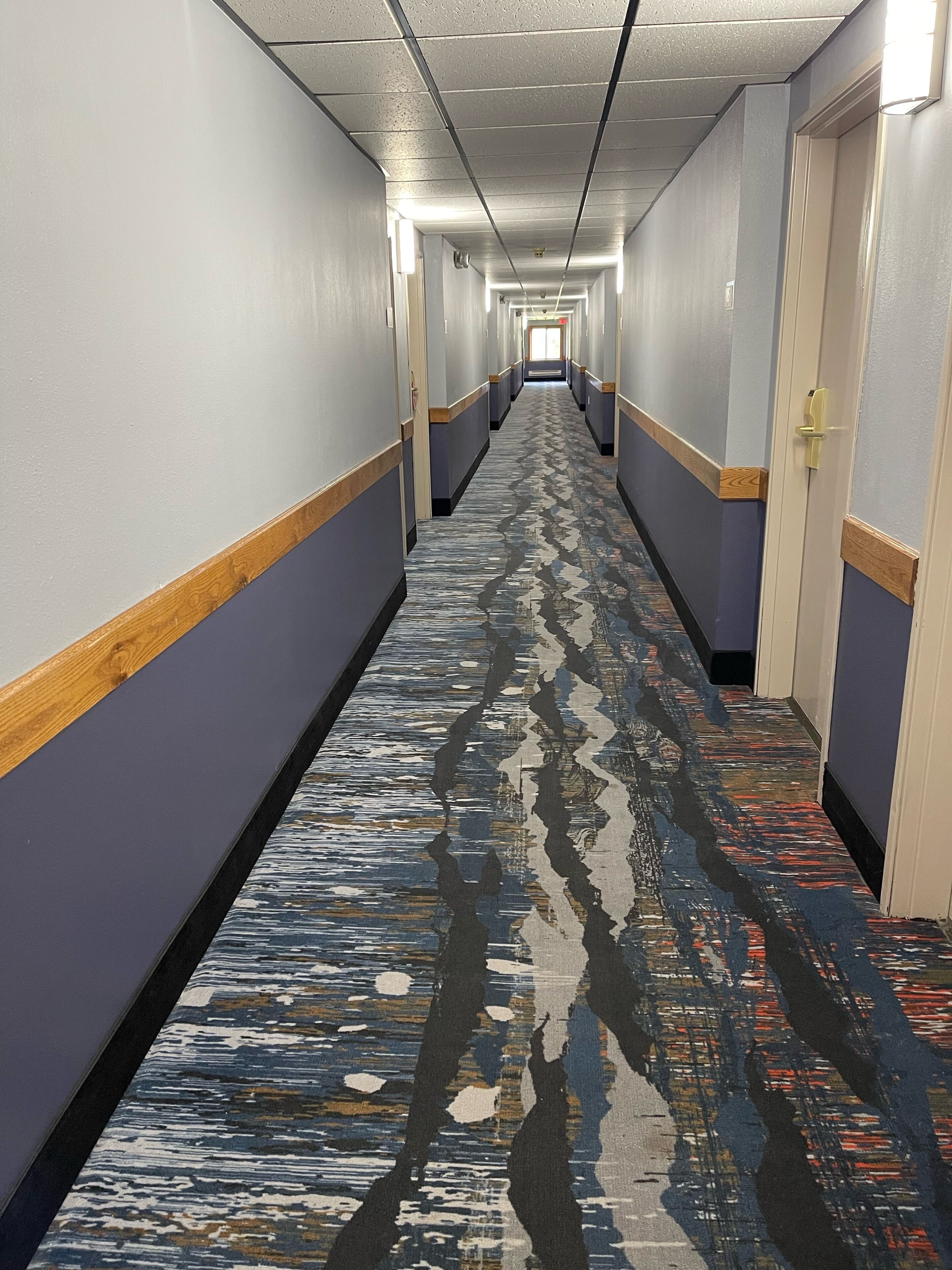A long, narrow hallway with a patterned carpet, light-colored walls, and doors on both sides.