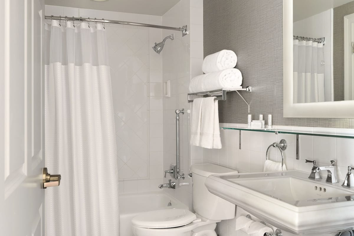 combined shower/bathtub, free toiletries, hair dryer, towels