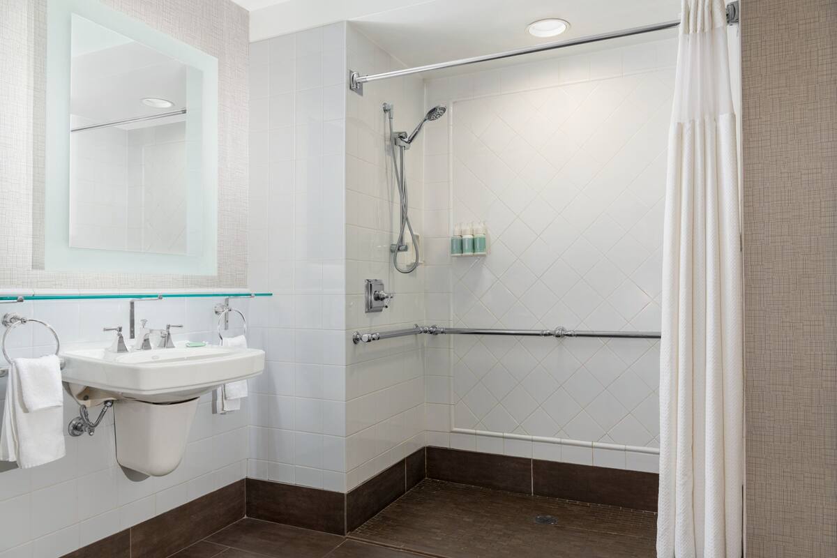 combined shower/bathtub, free toiletries, hair dryer, towels
