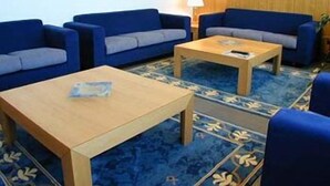 Een kamer met twee blauwe banken, een houten salontafel en een kamerbreed tapijt met een patroon.