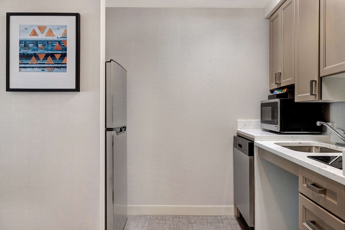 Full-size fridge, microwave, stovetop, dishwasher