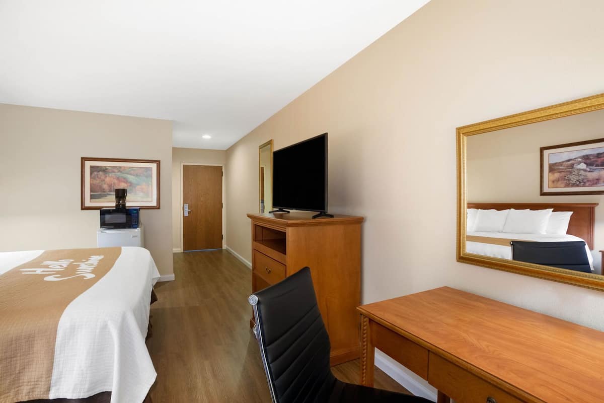 Ein Hotelzimmer mit einem Bett, einem Schreibtisch, einem Stuhl, einem Fernseher, einem Spiegel und einer Tür.