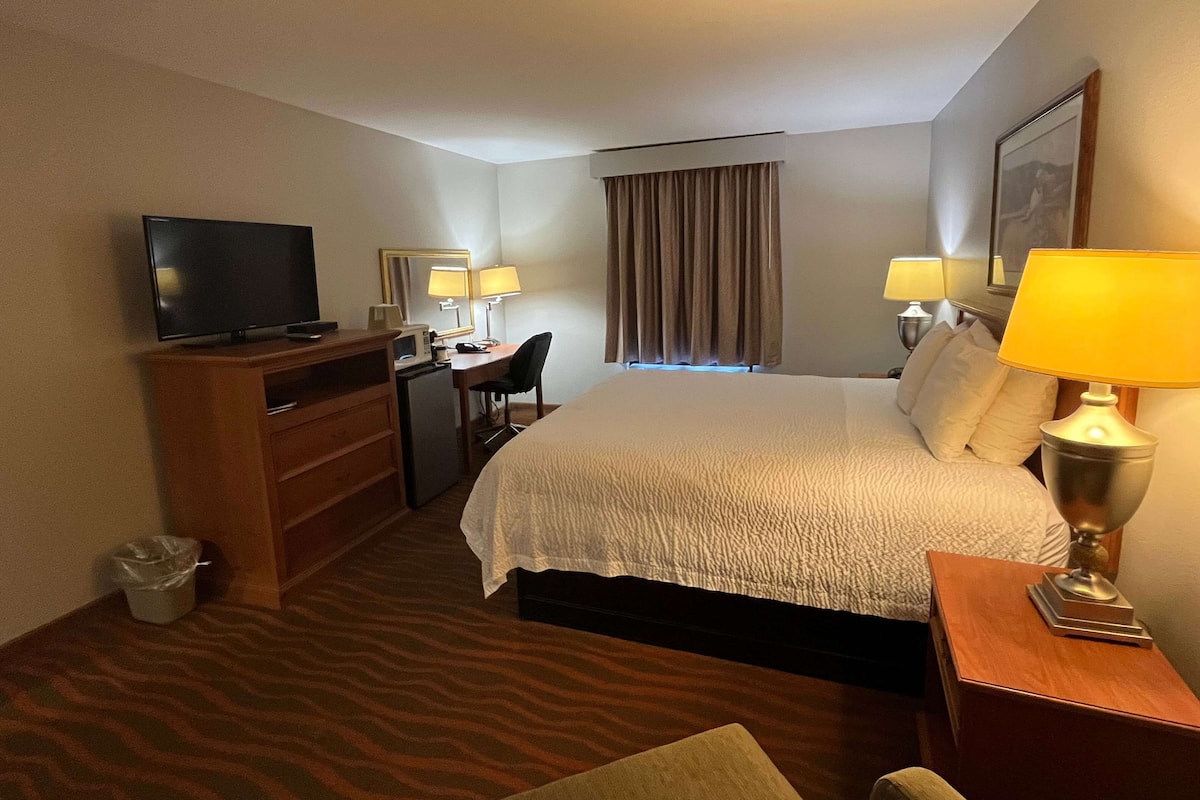 Ein Hotelzimmer mit einem Bett, einem Schreibtisch mit Stuhl, einem Fernseher und zwei Lampen.