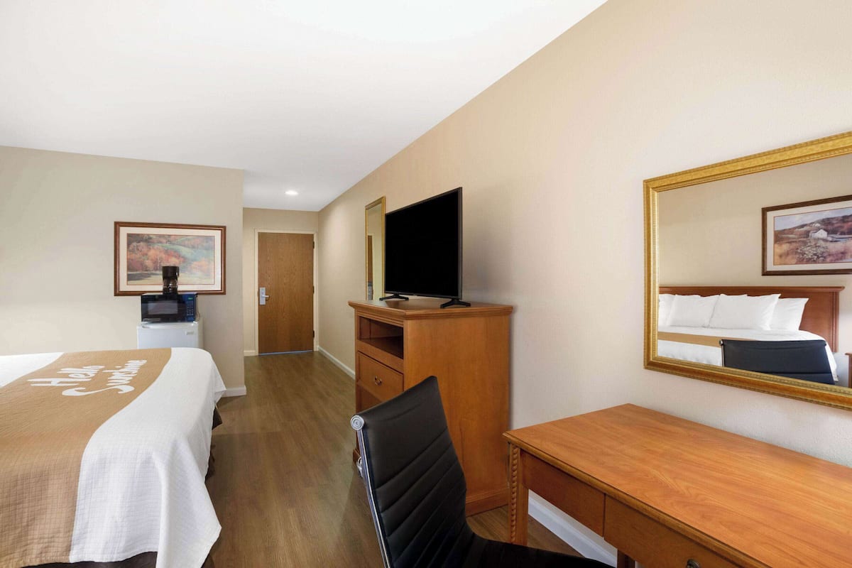 Ein Hotelzimmer mit Bett, Schreibtisch, Stuhl, Fernseher, Kommode und einem Bild an der Wand.