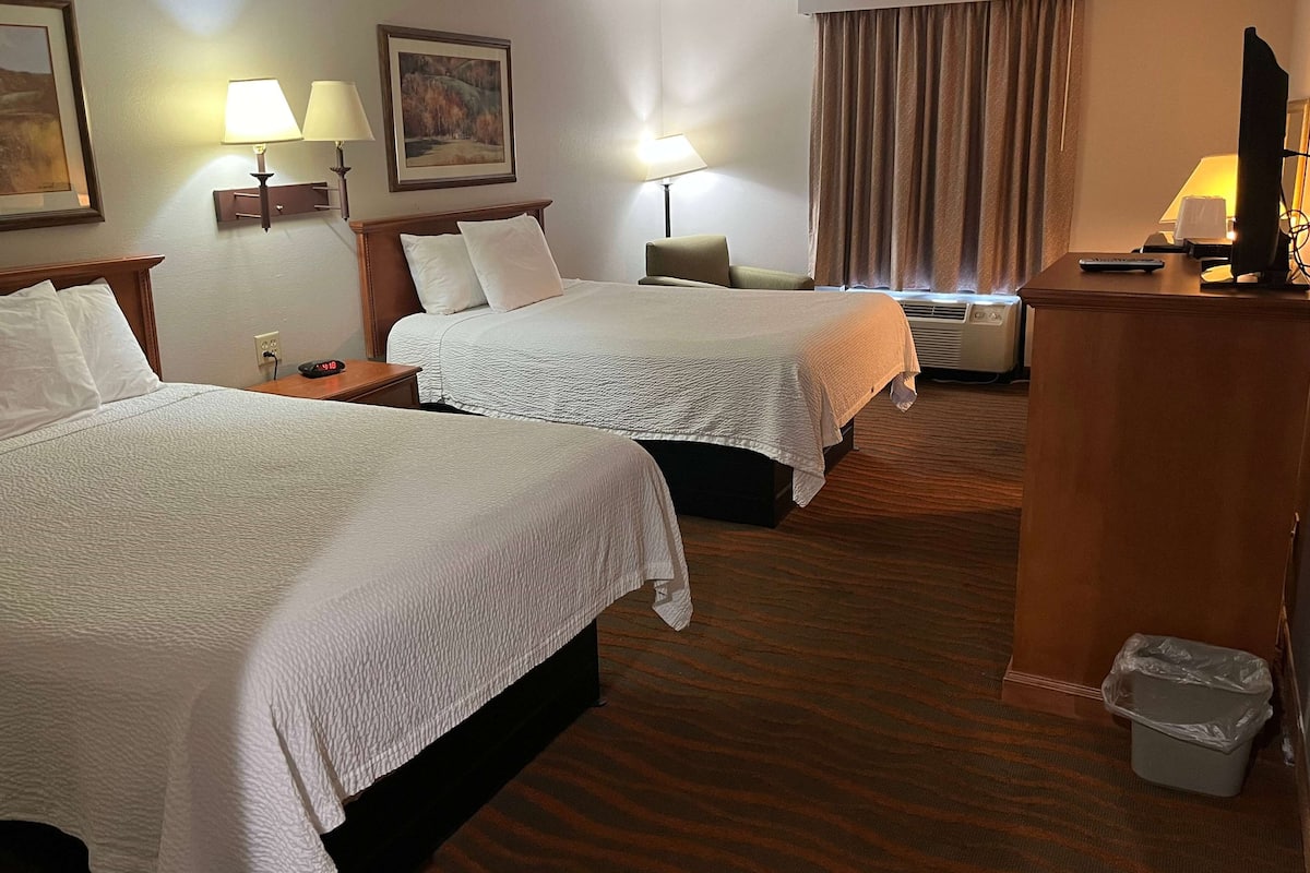 Ein Hotelzimmer mit zwei Betten, einem Schreibtisch, einem Stuhl, einem Fernseher und einem Papierkorb.