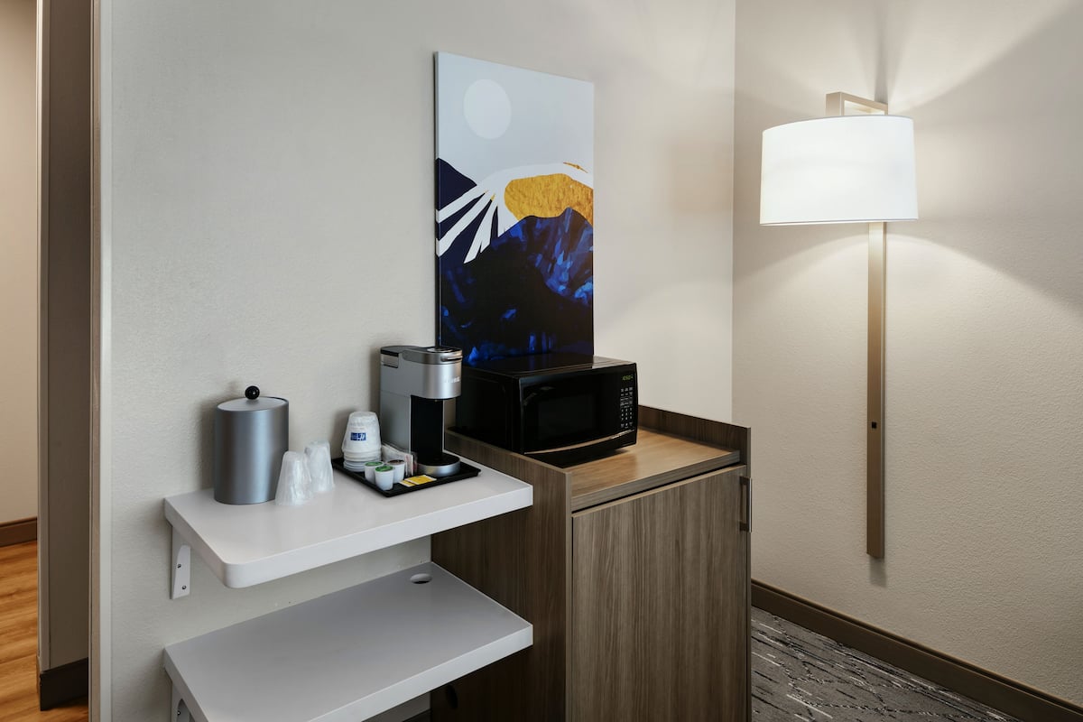 1 bedroom, desk, blackout curtains, iron/ironing board