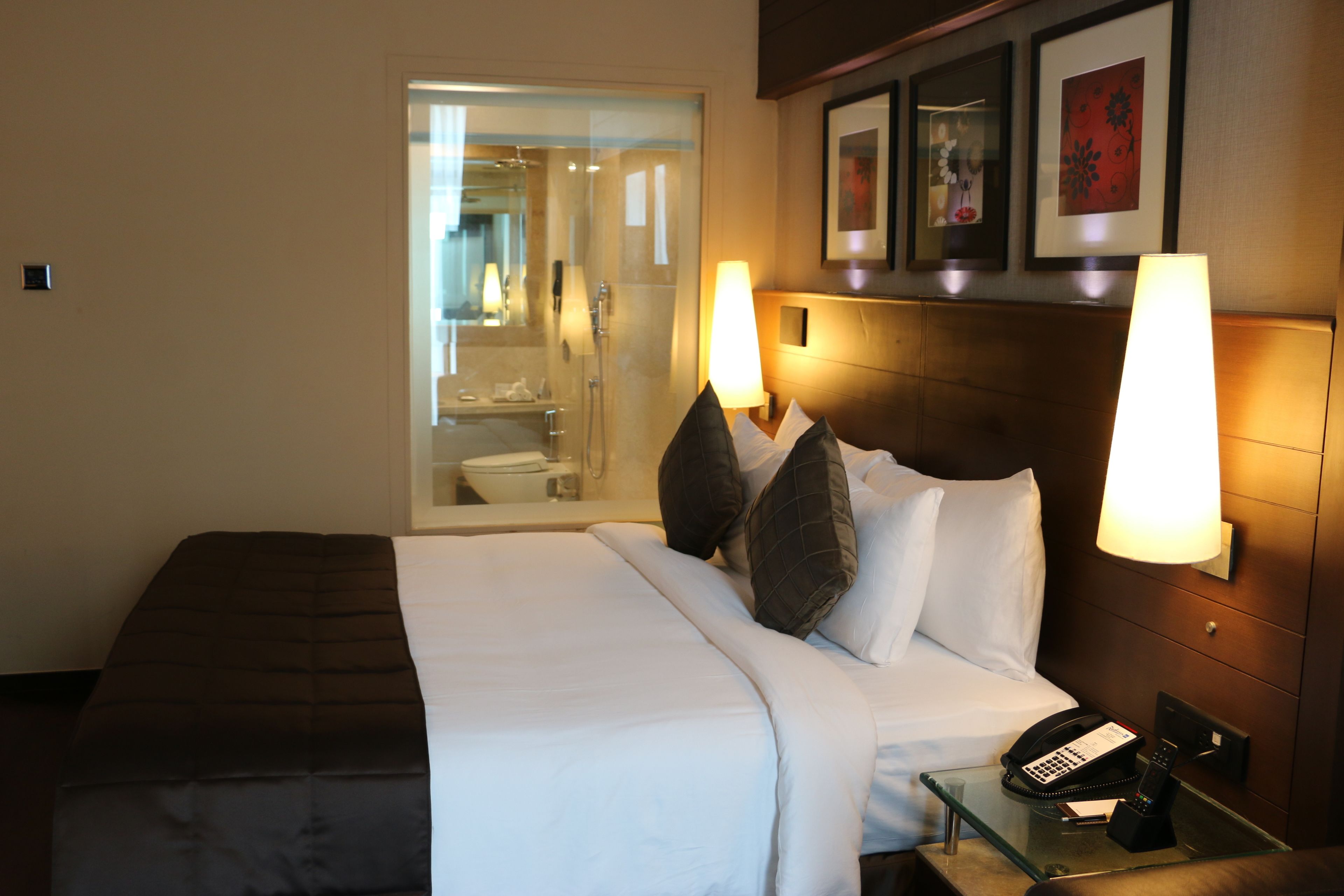 A hotel room with a bed, bedside lamps, a telephone, and framed artwork on the wall.