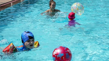 Outdoor pool, pool umbrellas, pool loungers