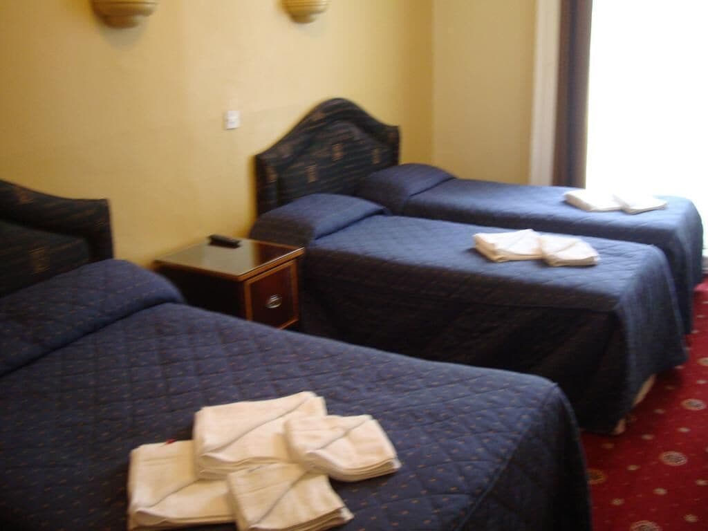 A hotel room with two beds, each with a dark blue bedspread and pillows, and a small wooden nightstand with a lamp.