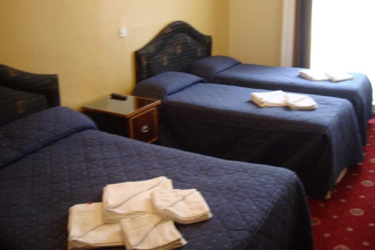 A hotel room with two beds, each with a dark blue bedspread and pillows, and a small wooden nightstand with a lamp.