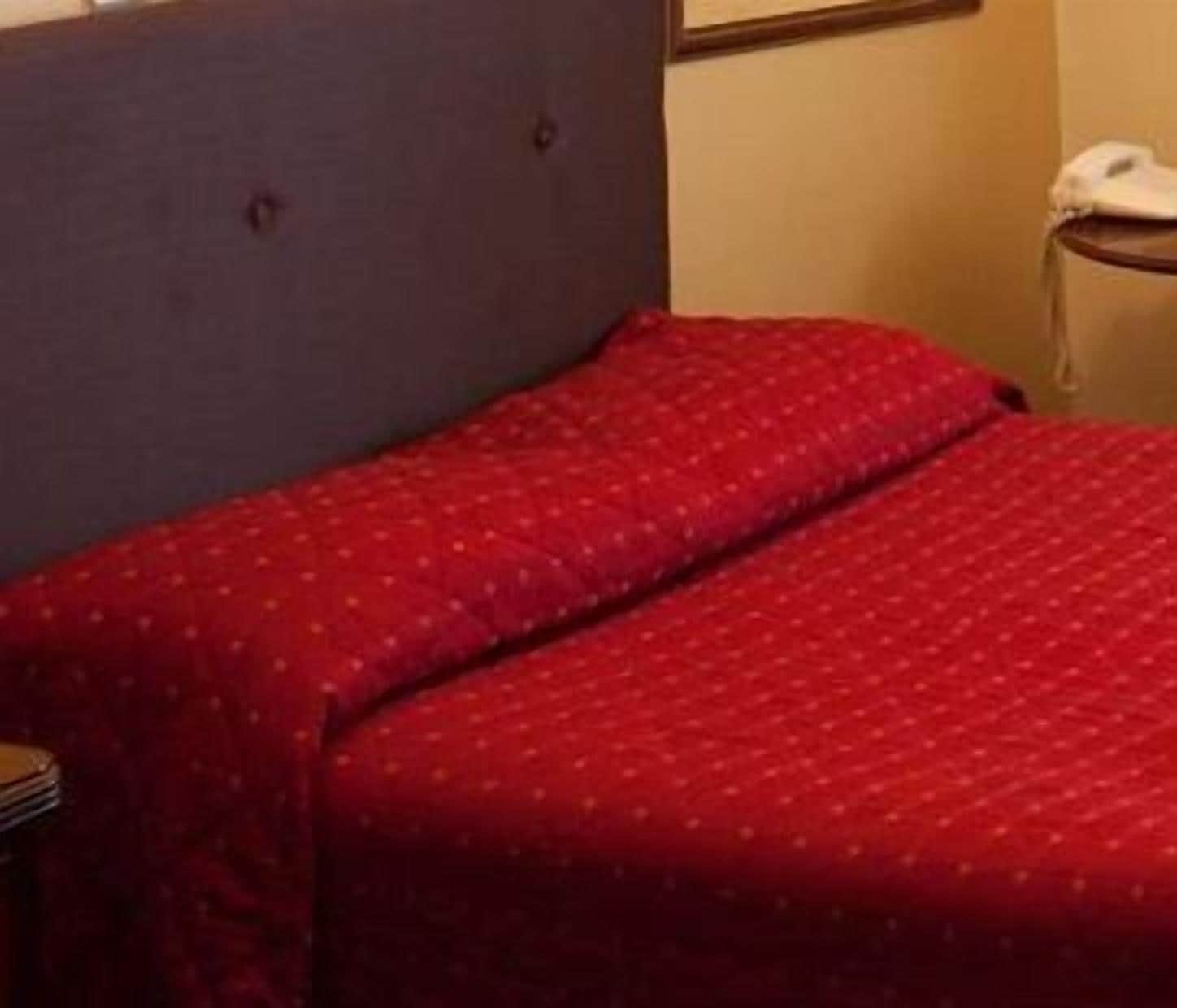 Ein Bett mit roter Bettdecke und einem Kopfteil.