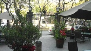An outdoor seating area with potted plants, tables, and chairs. - Bristol Hotel (Mexico City)