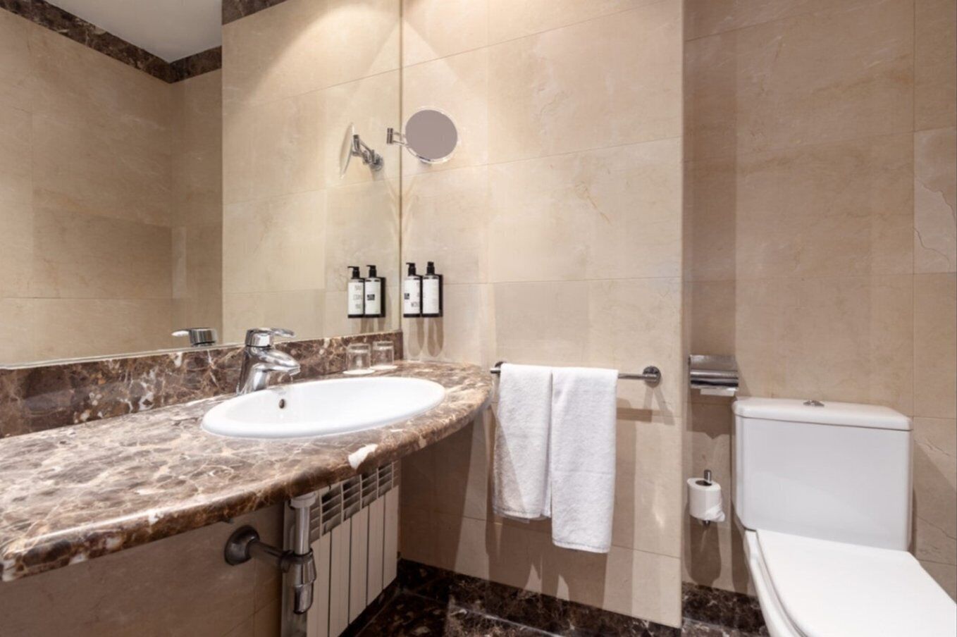 Un baño con lavamanos de mármol, un espejo, un perchero para toallas y un inodoro.