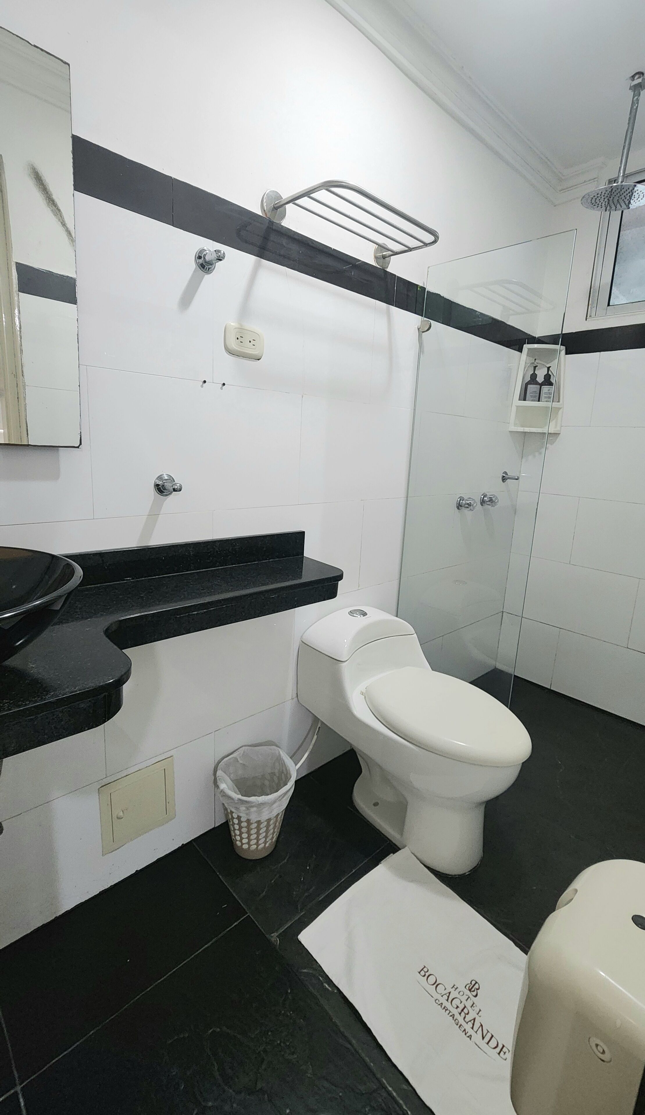 A bathroom with a toilet, a sink, a mirror, a shower, and a towel rack.