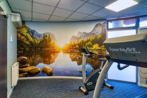 Un gimnasio con una bicicleta estática, un mural en la pared que muestra un lago tranquilo y una ventana.