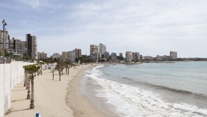A coastal cityscape with a sandy beach, tall buildings, and a clear sky. - Hotel Albahia (Alicante)