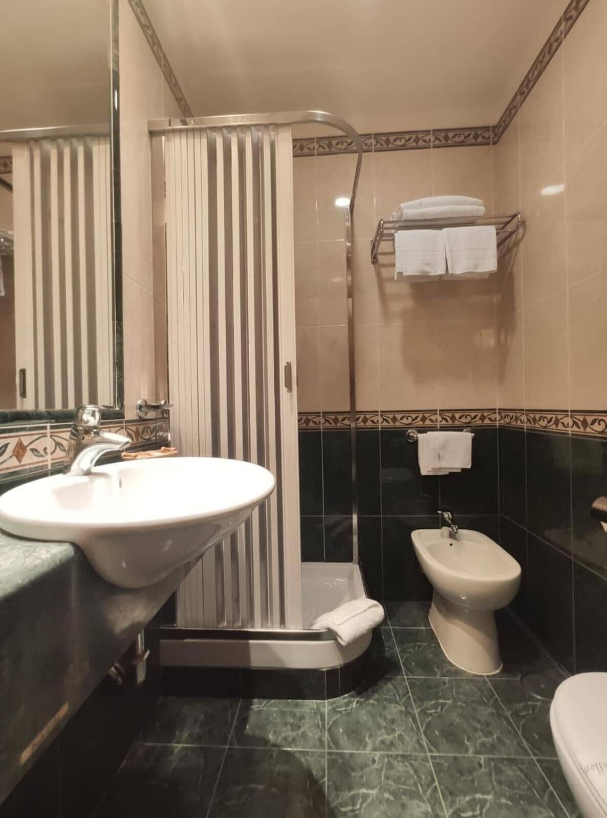 A bathroom with a sink, bidet, and shower.