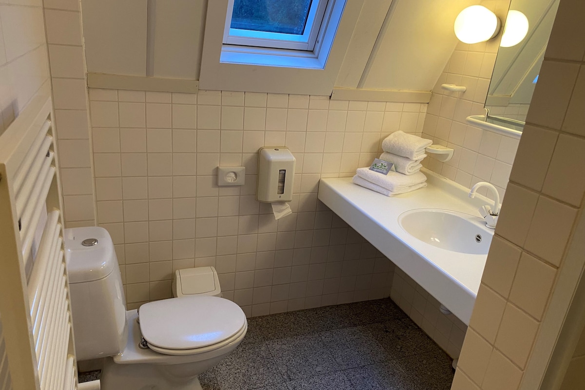 A small bathroom with a toilet, a sink, a towel dispenser, and a window.