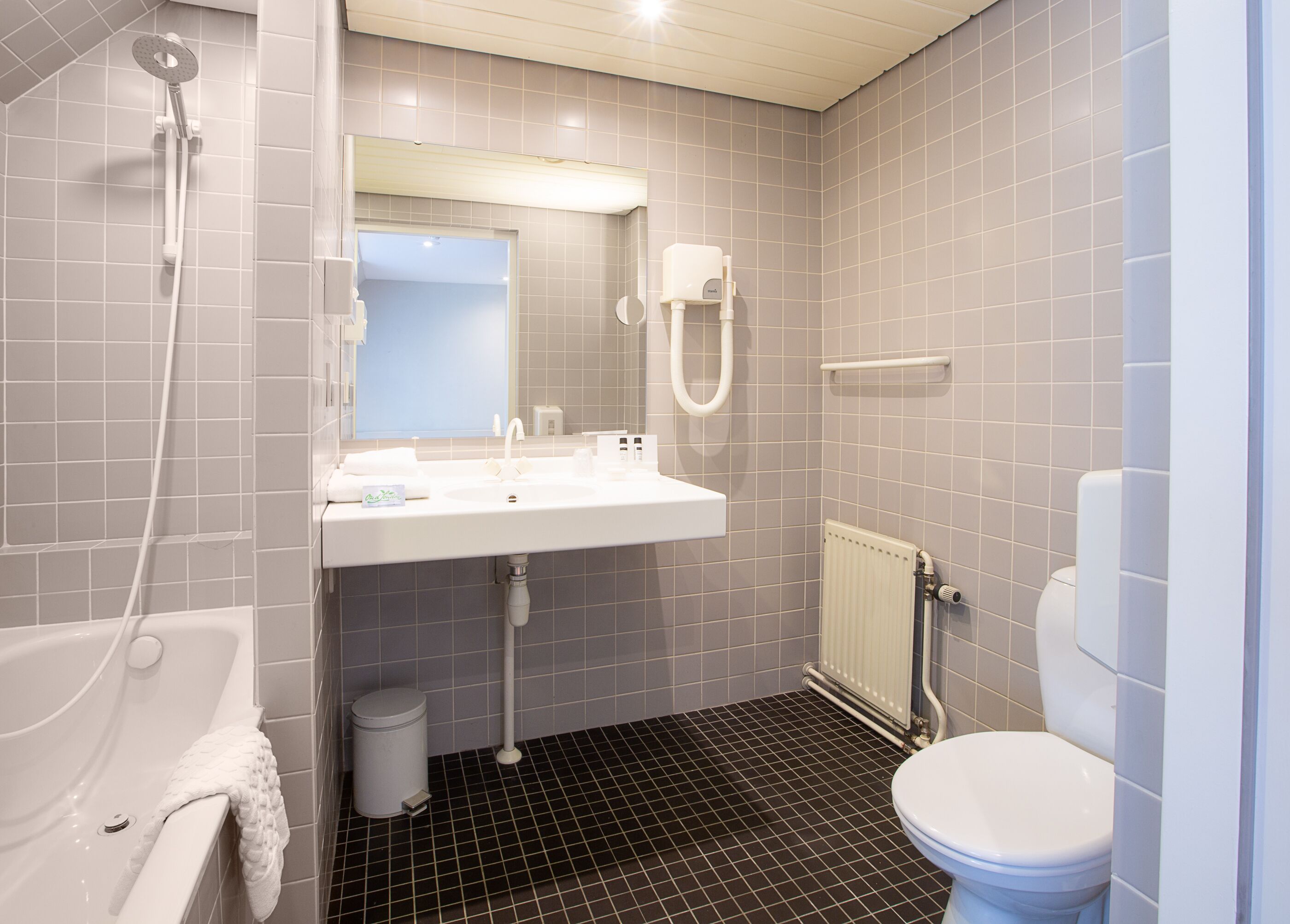 Ein Badezimmer mit Badewanne, Waschbecken, Toilette und Dusche.