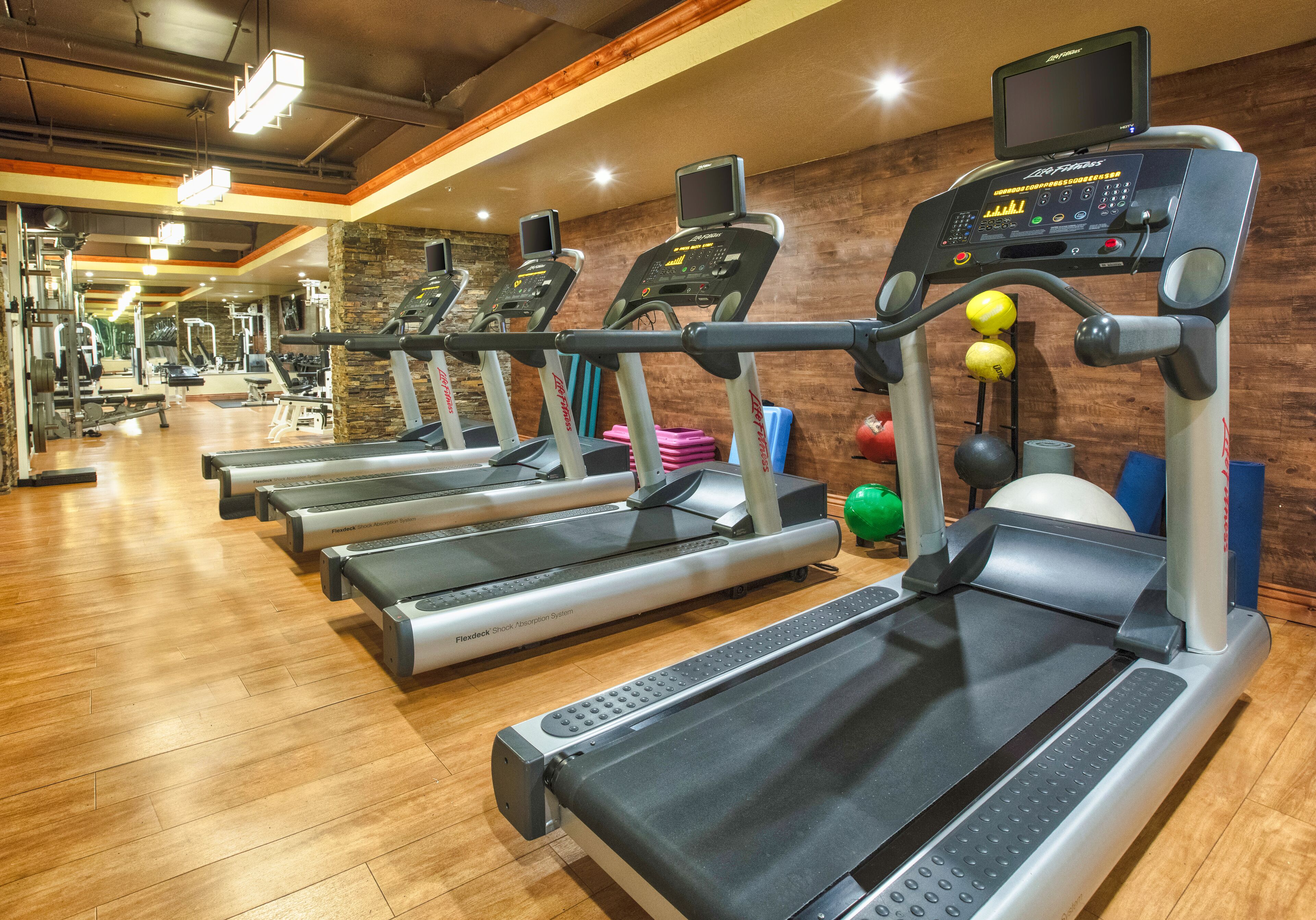 Uma academia com esteiras, bolas de exercício e diversos equipamentos de ginástica.