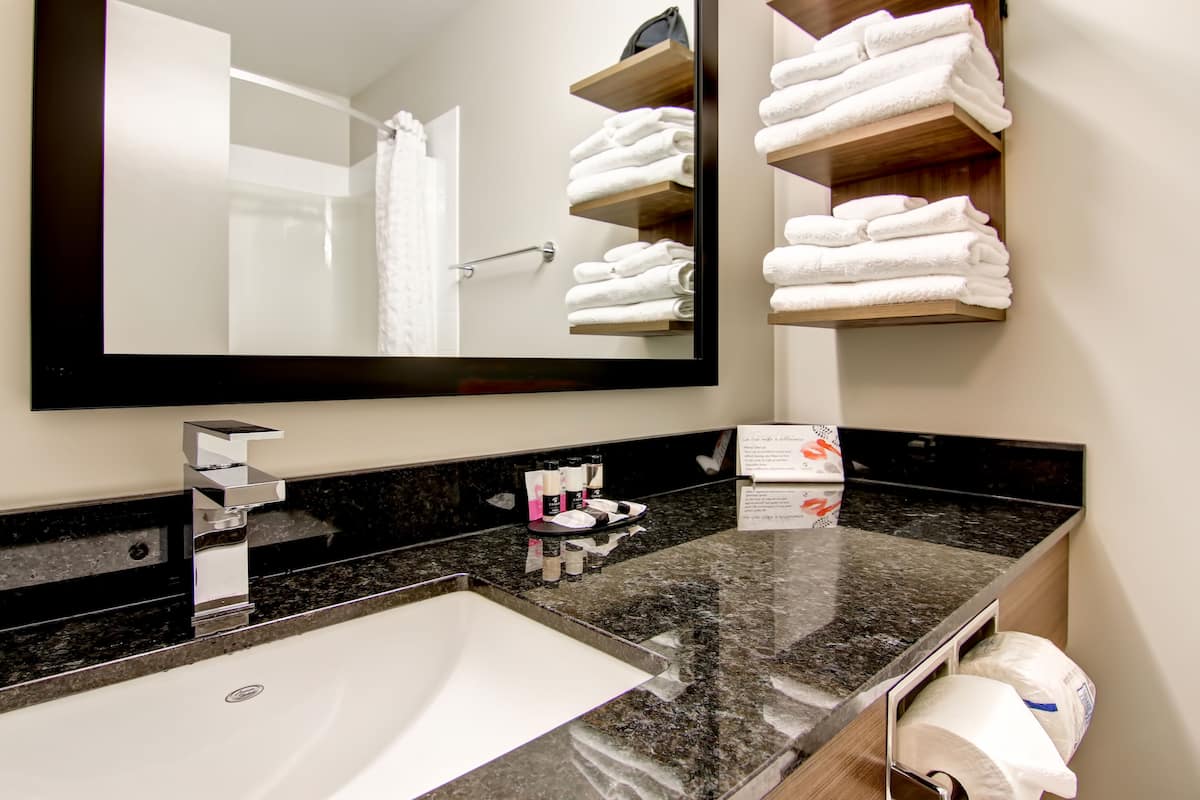 Combined shower/bathtub, free toiletries, hair dryer, towels