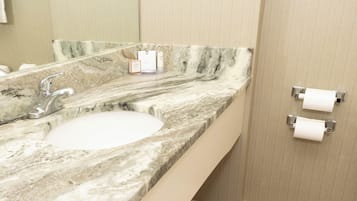 A bathroom with a marble sink, a mirror, and two toilet paper holders on the wall.