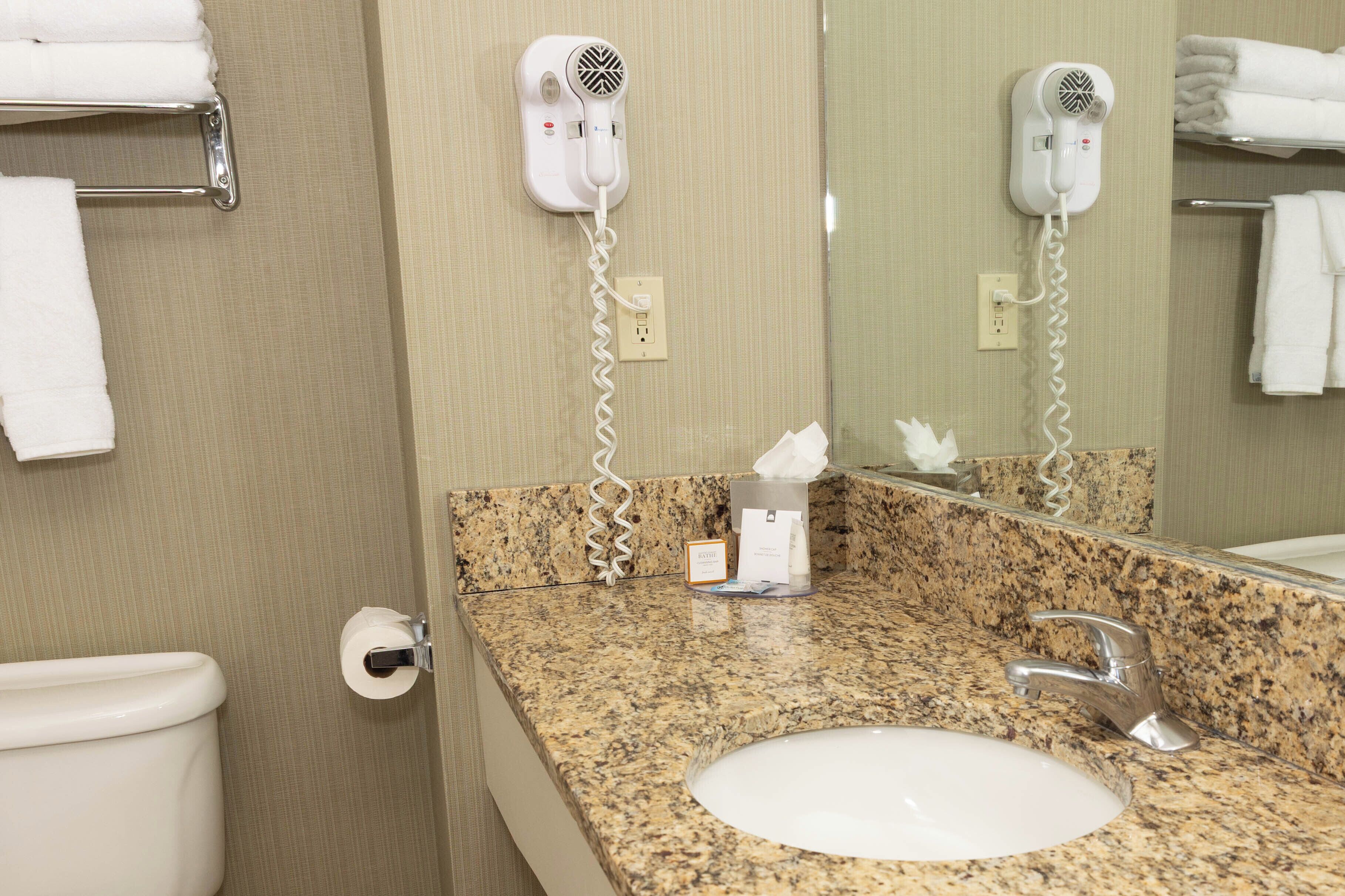 combined shower/bathtub, free toiletries, hair dryer, towels