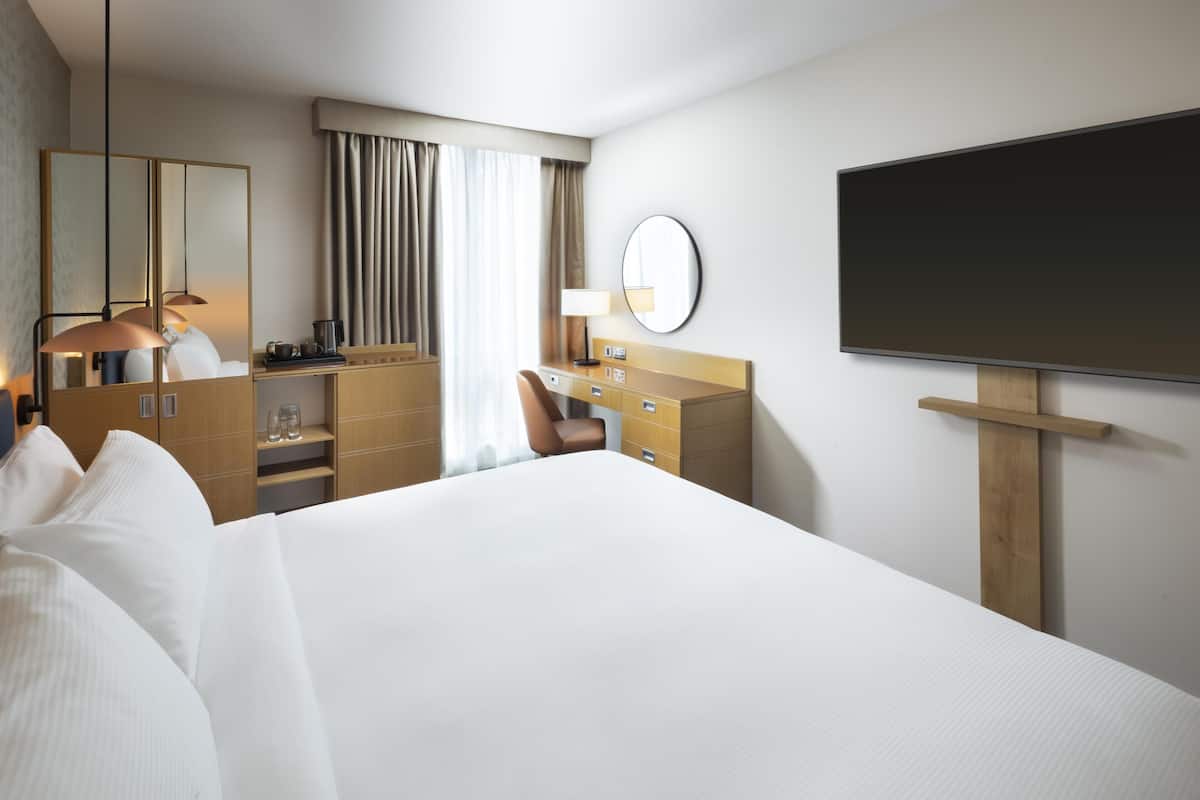 Une chambre d’hôtel avec un grand lit, un bureau avec une chaise, un miroir, un téléviseur à écran plat et une fenêtre avec des rideaux.