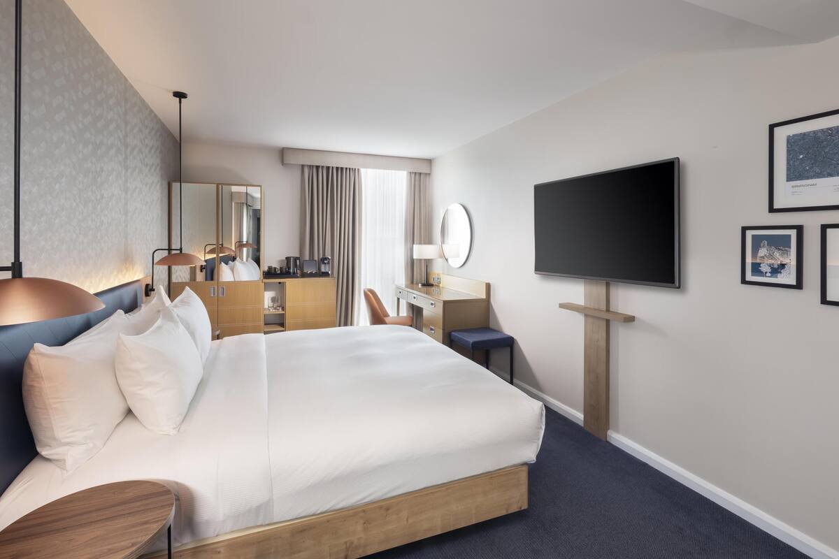 Une chambre d’hôtel avec un lit, un bureau, une chaise, une télévision et un miroir.