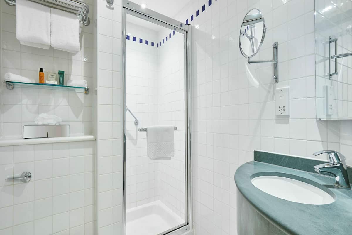 shower, designer toiletries, hair dryer, towels