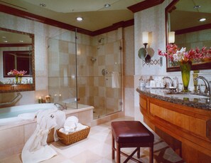 Grand Suite, 1 King Bed | Bathroom | Separate bathtub and shower, jetted bath, designer toiletries - The Rose Hotel (Pleasanton)