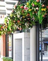 A building entrance with a large flower display above the door, a brick wall, and a glass window.